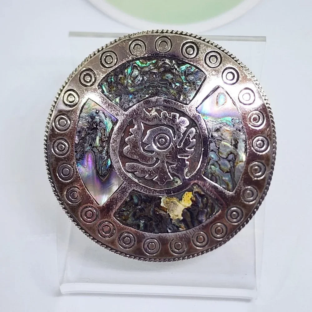Vintage Taxco Sterling Silver Abalone Aztec Mexico Large Handmade Pin Pendant